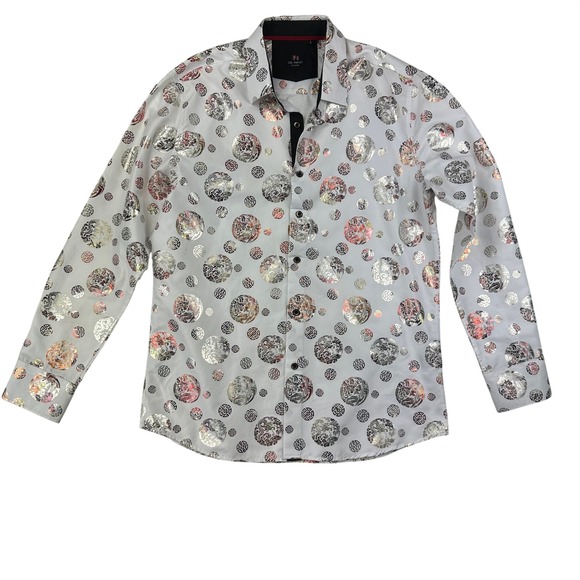 De-Niko Milano Other - De-Niko Button‎ Up Mens L Regular White Metallic Silver Gold Dragon Phoenix Y2K